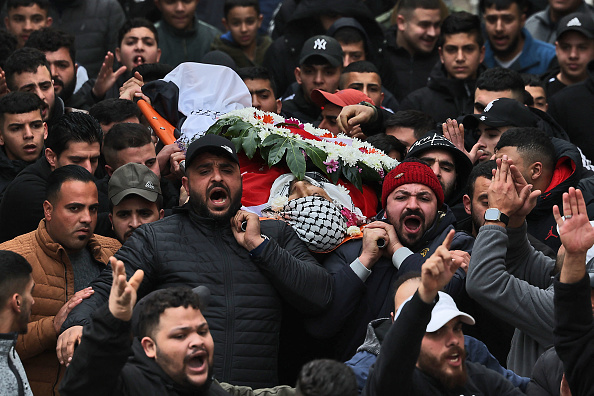 Des Palestiniens portent le corps de Samir Aslan, 41 ans, lors de ses funérailles au camp de réfugiés de Qalandia, en Cisjordanie occupée, le 12 janvier 2023. (Photo: AHMAD GHARABLI/AFP via Getty Images)