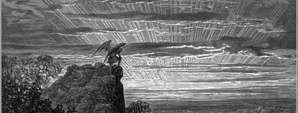 Détail de "Pensif et avec lenteur, Satan a gravi le flanc de la colline sauvage et escarpée" (IV. 172, 173), extrait du "Paradis perdu" écrit par John Milton en 1866, illustré par Gustav Doré. Gravure (Domaine public).