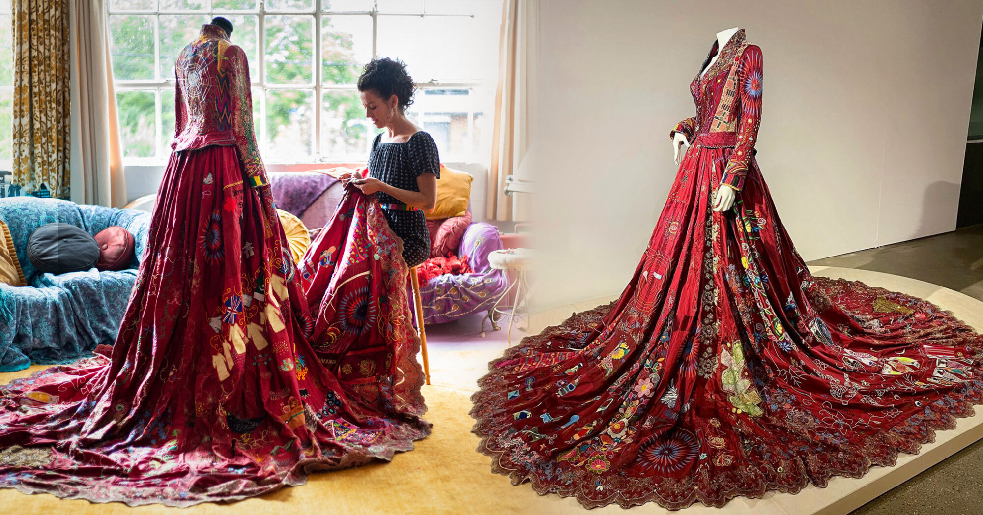 Une robe rouge étonnante, fabriquée par 370 artisans dans 50 pays pendant 13 ans, raconte l'histoire des femmes
