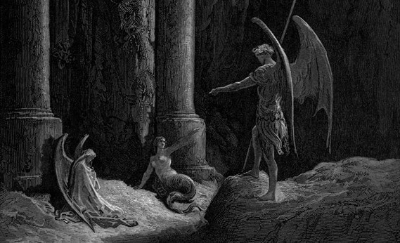 Détail de "Devant les portes, il y avait/de chaque côté une forme formidable" (II. 648, 649) extrait du "Paradis perdu" de John Milton écrit en 1866, illustré ici par Gustave Doré. Gravure. (Domaine public)