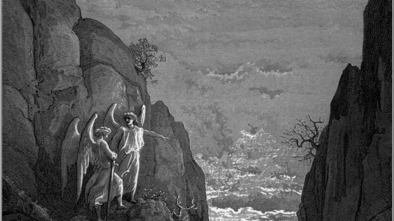 Détail d'une gravure par Gustave Doré pour le "Paradis perdu" de John Milton montrant deux anges discutant d'un esprit maléfique qui serait venu sur terre. (Domaine public)