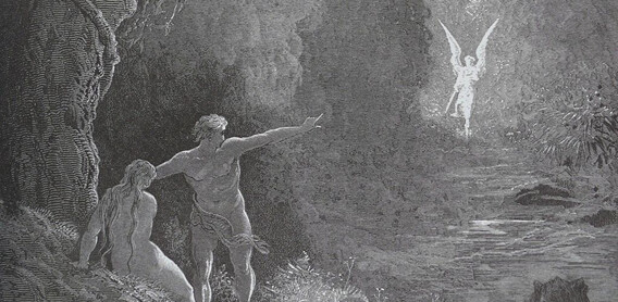 Détail de "À l’orient, entre ces arbres, quelle forme glorieuse s’avance par ce chemin !" (V. 107), extrait de "Paradis perdu" écrit par John Milton en 1866, illustré par Gustave Doré. Gravure. (Domaine public)