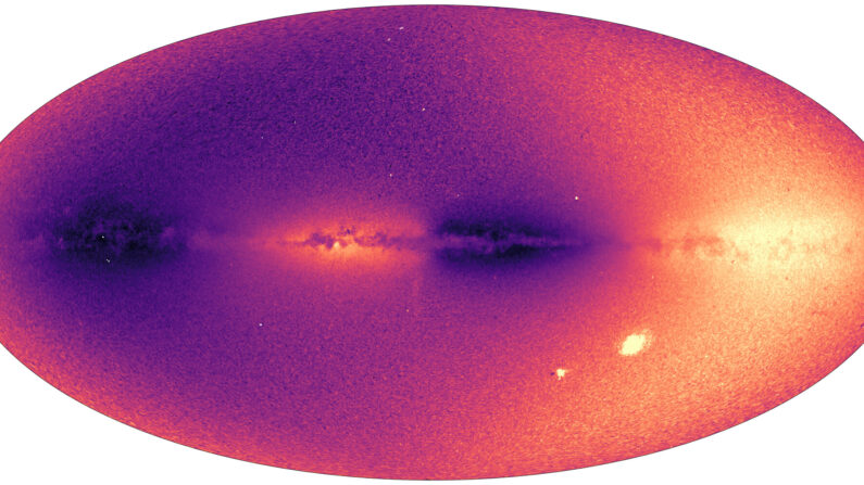 Issue du troisième catalogue de données du satellite Gaia sorti en juin 2022, nous montre la vitesse « moyenne » à laquelle 33,8 millions d'étoiles s'approchent ou s'éloignent de nous, en fonction de leur position sur la sphère céleste.
© ESA/Gaia/DPAC, CC BY-SA