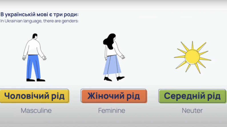 Une capture d'écran d'une vidéo d'apprentissage de la langue ukrainienne discutant des structures grammaticales sexuées de l'ukrainien. Par YouTube.