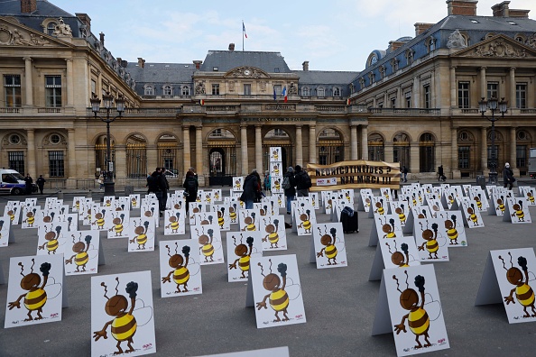 Des militants de l'ONG environnementale ont installé des pancartes montrant le dessin d'une abeille en colère devant le Conseil d'Etat à Paris -  
 (Photo  THOMAS SAMSON/AFP via Getty Images)