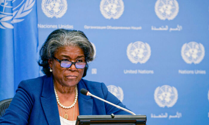 L'ambassadrice des États-Unis à l'ONU, Linda Thomas-Greenfield, lors d'une conférence de presse au siège de l'ONU à New York, le 1er mars 2021. (Timothy A. Clary/AFP via Getty Images)