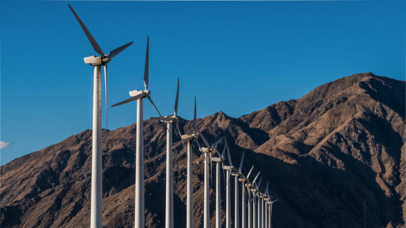 Un parc éolien à l'extérieur de Palm Springs, en Californie, le 26 mai 2018. (John Fredricks/Epoch Times)