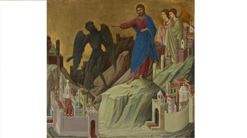  La tentation du Christ sur la montagne, entre 1308 et 1311, par Duccio di Buoninsegna. (Domaine public)