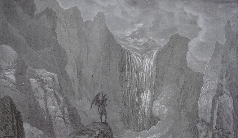 "Satan s’abîme avec le fleuve, et se relève avec lui" (IX. 184), extrait de "Paradis perdu" écrit par John Milton en 1866, illustré par Gustave Doré. Gravure. (Domaine public)