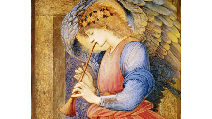 Détail de « Un ange jouant du flageolet », vers 1878, Edward Burne-Jones. Tempera et peinture dorée sur papier ; 29 1/4 pouces par 24 pouces. Don d'Emma Holt (1944), Sudley House (domaine public)