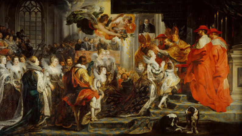 Le Couronnement de la reine à l'abbaye de Saint-Denis, du cycle Marie de Médicis, vers 1622-1625, par Pierre Paul Rubens. Huile sur toile. Musée du Louvre, Paris. (Domaine public)