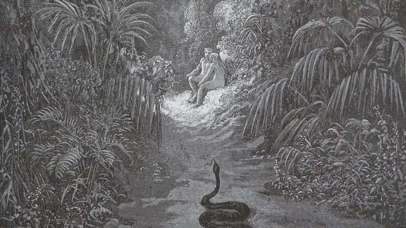 "Le serpent s'approchait ; il franchit mainte avenue du plus magnifique couvert, cèdre, pin ou palmier" (Livre IX. 434, 435), 1866, par Gustav Doré pour le "Paradis perdu" de John Milton. Gravure. (Domaine public)