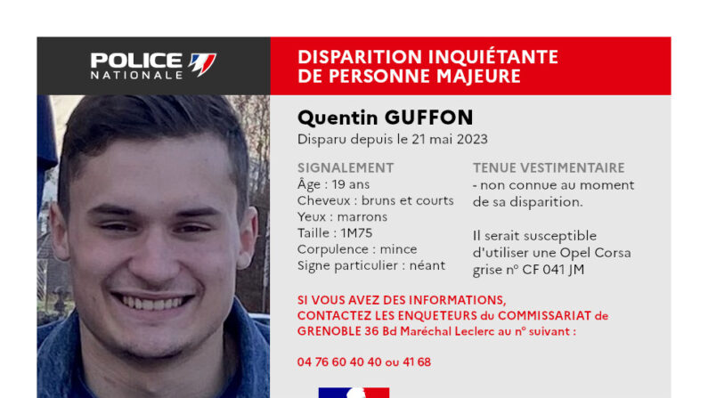Quentin GUFFON, 19 ans, disparu à Faucigny (74) le 21 mai 2023 (Police nationale)