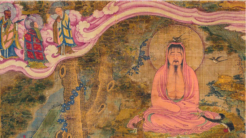 L'abandon de l'ego et des croyances limitatives nous ouvre à la transformation de soi. Détail du "Miracle du dragon", 1600, avec le Bouddha Shakyamuni représenté en méditation assise avec des oiseaux nichant au sommet de sa tête. (Domaine public)