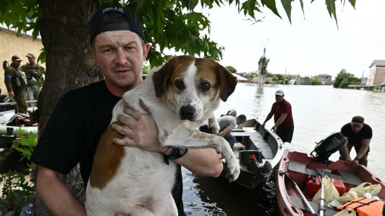 Un volontaire porte un chien lors de l'évacuation d'une zone inondée à Kherson, le 8 juin 2023, suite aux dommages subis par le barrage de la centrale hydroélectrique de Kakhovka. (Photo GENYA SAVILOV/AFP via Getty Images)