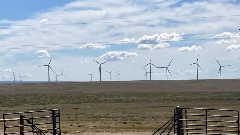 Des éoliennes dans une vallée à l'ouest de la chaîne de Medicine Bow, dans le Wyoming. (John Haughey/Epoch Times)