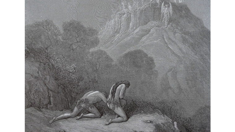 "Les cohortes angéliques descendaient à présent d’un nuage de jaspe dans le paradis." (XI. 249), extrait du "Paradis perdu" écrit par John Milton en 1866, illustré par Gustave Doré. Gravure. (Domaine public)