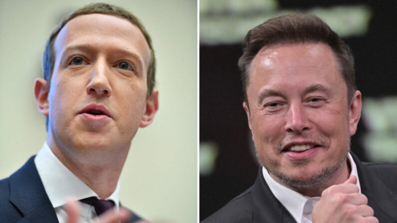 Elon Musk (à droite), PDG de SpaceX, de Twitter et du constructeur de voitures électriques Tesla, et Mark Zuckerberg, fondateur de Facebook. (Mandel Ngan et Alain Jocard/AFP via Getty Images)