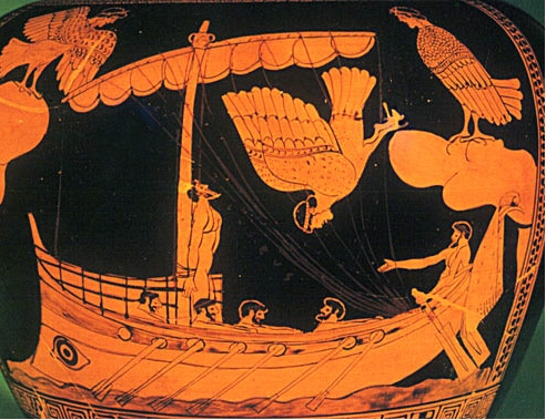 Ulysse en proie aux sirènes. Stamnos attique à figure rouge, c. 480–470 av. J.-C. (de Vulci. Inv. GR 1843.11-3.31) (Domaine public)