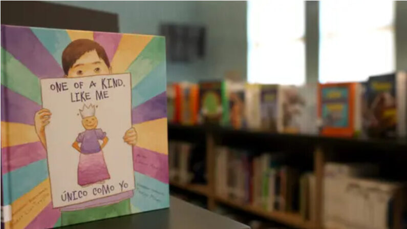 Un livre LGBT récemment donné est exposé dans la bibliothèque de l'école élémentaire Nystrom à Richmond (Californie), le 17 mai 2022. (Justin Sullivan/Getty Images)