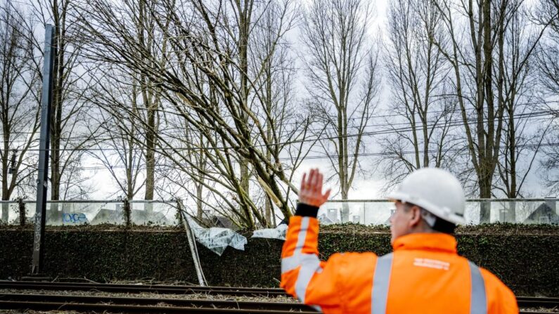 Un ouvrier se tient debout pendant les travaux de réparation sur le site où un arbre est tombé, causant des dommages à une ligne aérienne près d'une voie ferrée à Maarssen, aux Pays-Bas, le 19 février 2022, après la tempête Eunice qui a frappé l'Europe du Nord. (Photo REMKO DE WAAL/ANP/AFP via Getty Images)