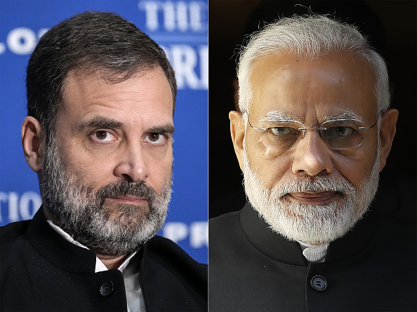Le chef de l'opposition indienne Rahul Gandhi (à g.) et le Premier ministre indien Narendra Modi. (Photo DREW ANGERER, TOLGA AKMEN/AFP via Getty Images)