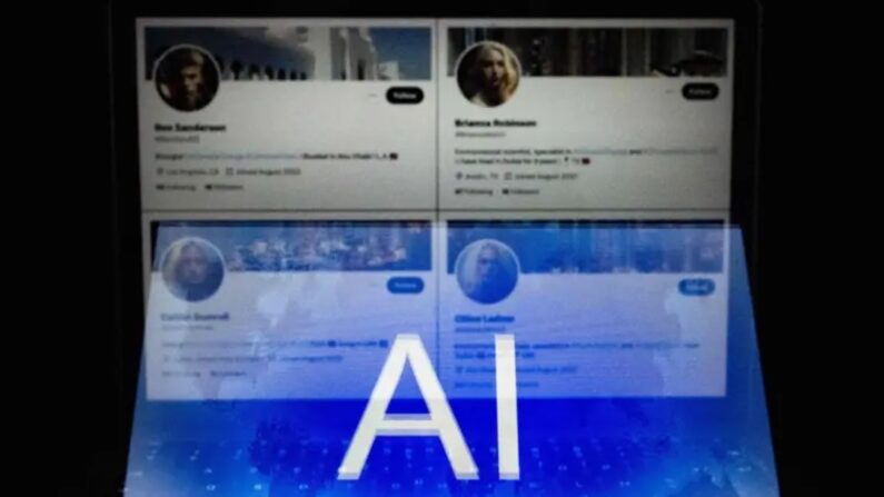 Un logo AI (Artificial Intelligence) mélangé à quatre faux comptes Twitter avec des photos de profil apparemment générées par un logiciel d'intelligence artificielle, à Helsinki, Finlande, le 12 juin 2023. (Olivier Morin/AFP via Getty Images)