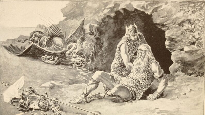 Wiglaf retrouve Beowulf après avoir tué le dragon. Extrait de "Siegfried, le héros du Nord, et Beowulf, le héros des Anglo-Saxons", 1900. (Domaine public)