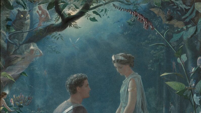 « Hermia et Lysandre, 'Le songe d'une nuit d'été' », 1870, par John Simmons. Aquarelle rehaussée de gouache sur papier marouflé sur toile ; 91,4 cm par 73,6 cm. Collection privée. (Domaine public)