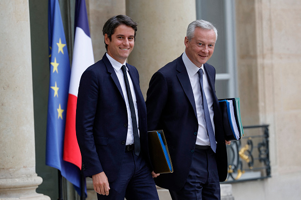Le ministre des Comptes publics Gabriel Attal (à g.) et le ministre de l'Économie et des Finances Bruno Le Maire. (Photo GEOFFROY VAN DER HASSELT/AFP via Getty Images)