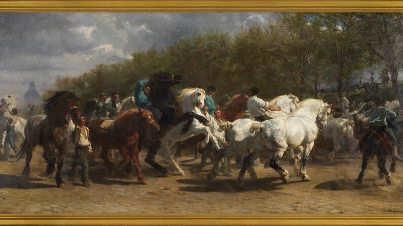 "The Horse Fair (La foire aux chevaux), 1852-1855, par Rosa Bonheur. Huile sur toile ; 2.4 mètres par 5 mètres. The Metropolitan Museum of Art, New York City. (Domaine public)