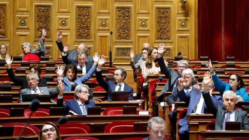 Les sénateurs français votent lors d'un débat sur le projet de loi sur l'immigration du gouvernement au Sénat à Paris, le 7 novembre 2023. (photo LUDOVIC MARIN/AFP via Getty Images)