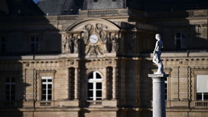 Vue du Sénat depuis le jardin du Luxembourg avec la statue de "David vainqueur du géant Goliath". (Crédit photo MIGUEL MEDINA/AFP via Getty Images)