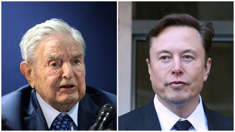 L'investisseur et philanthrope américain d'origine hongroise George Soros (à gauche) à Davos, en Suisse, le 24 mai 2022, et le PDG de Tesla Elon Musk (à droite) à San Francisco le 24 janvier 2023. (Fabrice Coffrini/AFP/Justin Sullivan/via Getty Images)