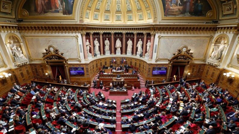 Vue du Sénat lors d'une séance de vote sur un projet de loi sur l'immigration au Sénat français à Paris le 14 novembre 2023. (Crédit photo GEOFFROY VAN DER HASSELT/AFP via Getty Images)
