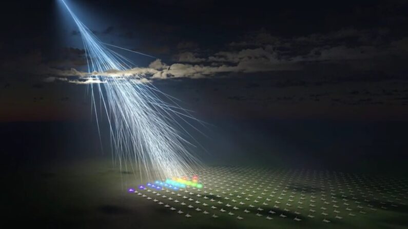 Une capture d'écran d'une vidéo montre une illustration d'artiste du rayon cosmique extrêmement énergétique observé par la collaboration Telescope Array dirigée par l'université d'Utah et l'université de Tokyo. Il a été baptisé "particule d'Amaterasu". (Université métropolitaine d'Osaka/L-INSIGHT, Université de Kyoto/Ryuunosuke Takeshige)