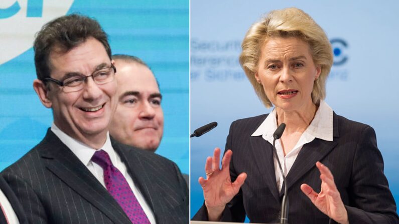 Le PDG de Pfizer et la présidente de la Commission Européenne Ursula von der Leyen. (Drew Angerer/Getty Images)(Lennart Preiss/Getty Images)