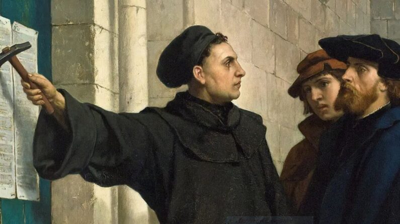 Détail de "Martin Luther martèle ses 95 thèses sur la porte", 1872, par Ferdinand Pauwels (Domaine public)