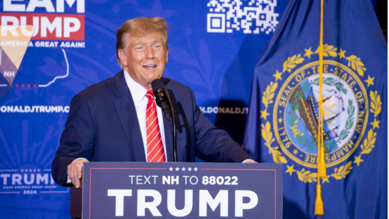 Le candidat républicain à la présidence et ancien président Donald J. Trump lors d'un événement de campagne à Concord, N.H., le 19 janvier 2024. (Madalina Vasiliu/Epoch Times)