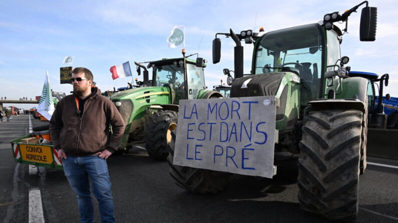 Manifestation des agriculteurs sur l'autoroute A4 près de Jossigny, à l'est de Paris, le 29 janvier 2024. (Bertrand Guay/AFP via Getty Images)