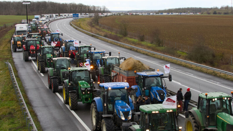 Des agriculteurs français sur l'autoroute A71, le 24 janvier 2024. (Photo: GUILLAUME SOUVANT/AFP via Getty Images)