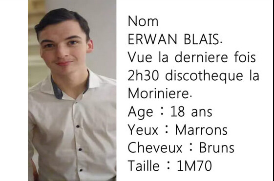 Erwan Blais, 18 ans, n’a plus donné signe de vie depuis ce dimanche 11 février à 2 h h30, à Moncoutant-sur-Sèvre (Deux-Sèvres).  (Photo capture d'écran Facebook "Retrouver Erwan") 