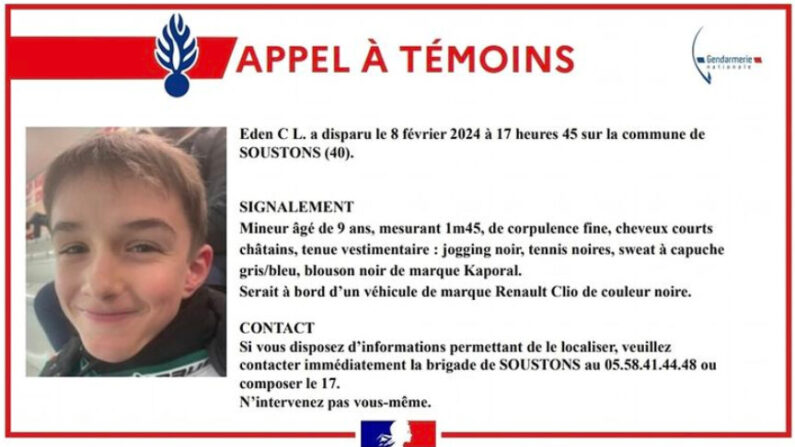 Disparition d’Eden, 9 ans. (Capture d'écran Facebook Gendarmerie des Landes)