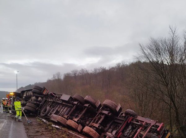 Un camion s'est renversé sur l'autoroute A13, libérant des poulets sur la chaussée, mercredi 6 mars 2024. (Page Facebook de la préfecture de l'Eure)