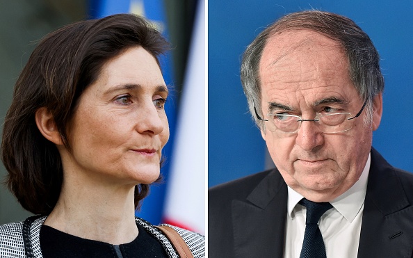 La ministre des Sports Amélie Oudéa-Castéra (à g.) et l'ancien président de la FFF Noël Le Graët. (Photo LUDOVIC MARIN, ALAIN JOCARD/AFP via Getty Images)