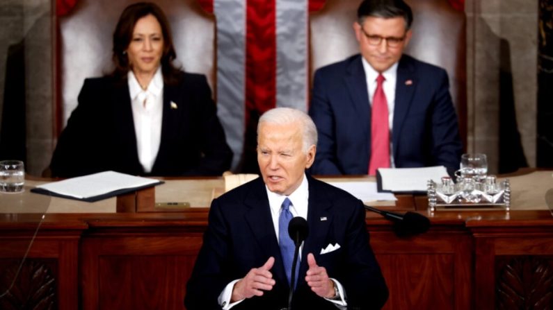 Joe Biden prononce le discours sur l'état de l'Union au Capitole des États-Unis à Washington le 7 mars 2024. (Chip Somodevilla/Getty Images)