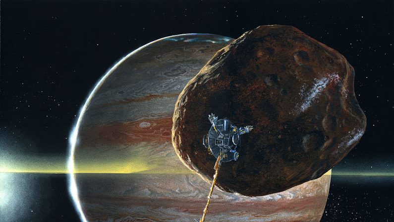 La sonde Galileo de la NASA a découvert cette lune en forme de pomme de terre en orbite autour de Jupiter et, lors d'un récent survol, a constaté que la lune pourrait être un ensemble de blocs rocheux plutôt qu'un corps solide. (Illustration by Michael Carroll/NASA/Getty Images)