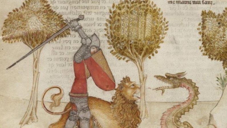 Manuscrit enluminé illustrant Yvain combattant un serpent, entre 1380 et 1385. (Domaine public)