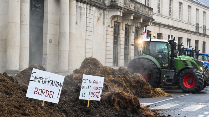 Manifestation organisée par le syndicat agricole FDSEA 51 et les « Jeunes Agriculteurs pour la Marne » contre la complexité administrative devant la préfecture à Châlons-en-Champagne, le 18 octobre 2024. (FRANCOIS NASCIMBENI/AFP via Getty Images)