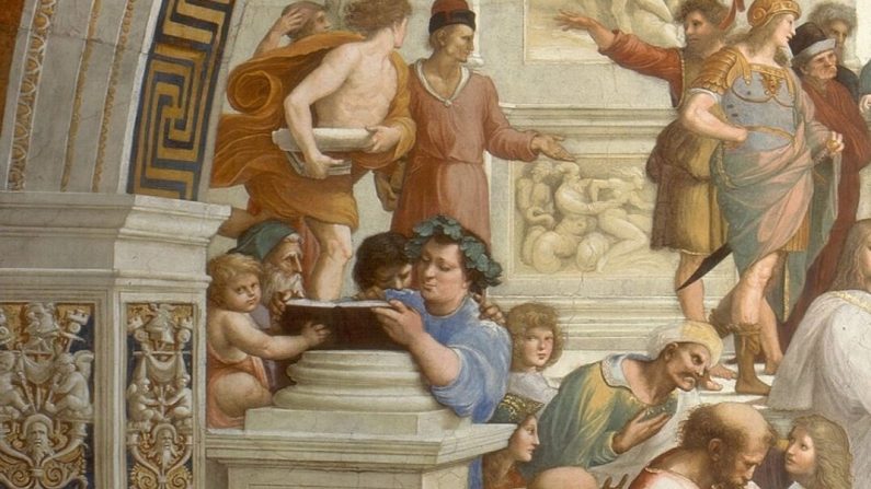 Détail de "L'École d'Athènes" de Raphaël. Le philosophe grec Épicure (en bleu, au c.) est connu pour avoir prôné la recherche du plaisir, mais cette histoire est plus complexe qu'il n'y paraît. (Domaine public)